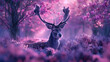 Hyper Realistic Deer in Purple Forest With cyber prank style 