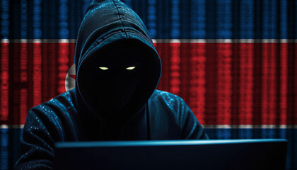 Hacker in a dark hoodie sitting in front of a monitors with North Korea flag and background cyber security concept