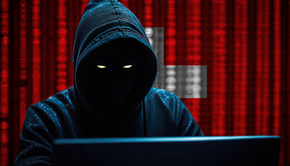 Hacker in a dark hoodie sitting in front of a monitors with Switzerland flag and background cyber security concept