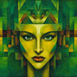 Cubist portrait of a young woman with green eyes in artificial green surroundings. Mixed reality.