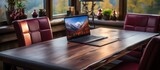 Fototapeta  - elegant luxury workplace. Modern computer, black leather mousepad on wooden table