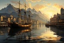 A Tall Ship Peacefully Docked In A Picturesque Harbor At Sunset, With A Majestic Mountain Range In The Background. Ideal For Travel And Exploration.