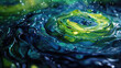 A photorealistic close up of swirling water with green and blue hues, with ripples in the center and yellow highlights. Created with Ai