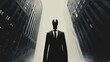 Faceless silhouette in a sleek business suit against a background of monochrome office buildings, symbolizing the dehumanizing nature of corporate life and the impersonal relationships that can arise.