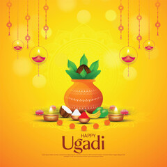 Happy Ugadi - poster template design including Kalash, banana leaf, green mango, flowers, rangoli and diya.