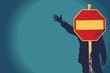 Forbidden Actions Warning - Businessman Holding Stop Sign, Prohibited Symbols. Banned, Illegal, Wrong Information Danger Concept. Attention to Restrictions, Risks. Vector Illustration for Web, Ad.