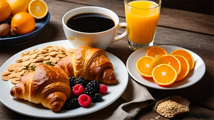 Coffee, orange juice, croissants, cereals and fruits are ready for Breakfast with Balanced diet