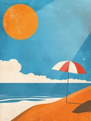 Wall Mural - A painting depicting a beach scene with a colorful umbrella set up in the sand, under a clear blue sky