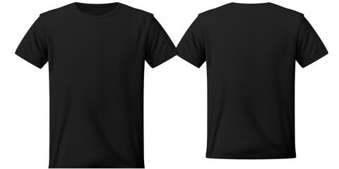 front and back view of plain black t-shirt template mockup,  on transparent background.