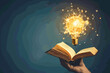 Hand holding open book with glowing lightbulb idea, knowledge and education leading to creativity, learning new skills and discovering solutions through reading, wisdom and inspiration concept.