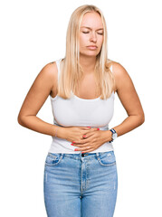 Poster - Young blonde girl wearing casual style with sleeveless shirt with hand on stomach because indigestion, painful illness feeling unwell. ache concept.