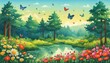 Beautiful landscape with a river, flowers and butterflies. AI generated