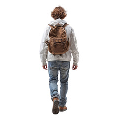 young man casual dressed walking isolated on white transparent, rear view. png