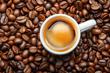 Coffee cup with coffee beans top view. Cup of freshly brewed espresso closeup on roasted coffee beans background.