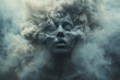 A surreal portrait of an African American woman with curly hair made from smoke, her face hidden behind clouds and mist. Created with Ai