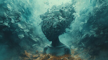 A Surreal Digital Art Piece Depicting An Underwater Scene With The Head Of Person Made Out Of Rocks And Debris, Set Against Swirling Sea Foam In Shades Of Bluegreen And Gray. Created With Ai