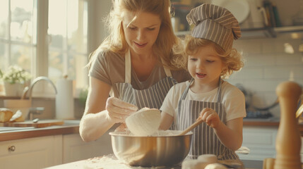 Poster - A child and a smiling adult are baking together in the kitchen.