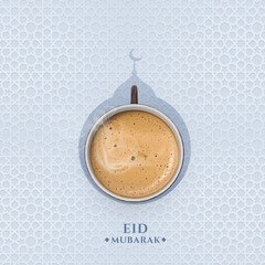 3d Coffee cup shadow looks like a mosque, it's represnt muslim festival Eid. Eid Mubarak. 3d illustration.