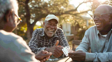 Wall Mural - Senior men with smiles engage in a card game outdoors.