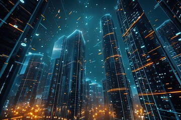 Wall Mural - Low angle View of Tall Corporate, Cityscape With Glowing Data Lines