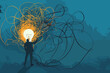 Innovative problem-solving, creative thinking to untangle complexity, business acumen and insight to illuminate solutions, businessman draws bright idea lightbulb from tangled knot of challenges.