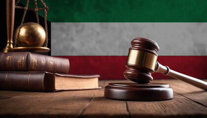 Justice gavel on Kuwait flag. Law and justice in Kuwait. Rights of citizens.