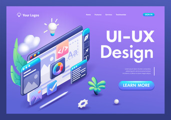 Wall Mural - 3d isometric illustration, cartoon. web ui-ux design, web development concept. web design, applicati