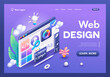 3D Isometric illustration, Cartoon. Mobile application, Software and web development with 3d shapes, bar chart, infographic. Trending Landing Page