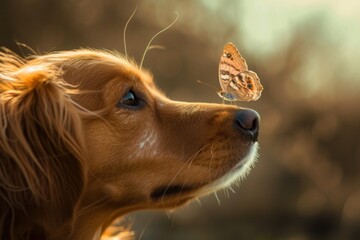 Wall Mural - a dog is looking up at a butterfly on its nose