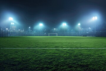 Wall Mural - Night soccer field with lights and spectators panorama 