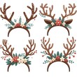 Set  Cartoon deer antlers rim, winter season festive decor. Rim with deer horns and ears, Christmas balls and stars on white background. Vintage Christmas And New Year Decoration 