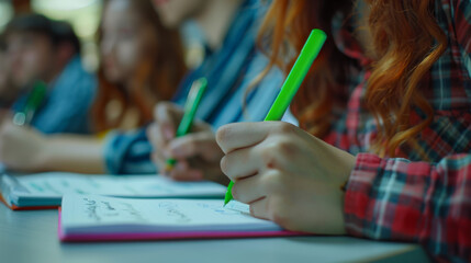 Wall Mural - student is writing an exam in a classroom setting.