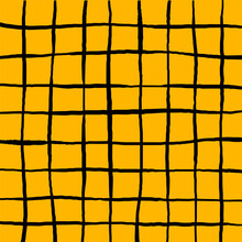 Hand Drawn Cute Grid. Doodle Yellow, Black Plaid Pattern With Checks. Graph Square Background With Texture. Line Art Freehand Grid Vector Outline Grunge Print