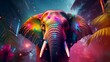 Elephant head with colorful light and palm tree background. 3D rendering