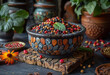 A rustic bowl of black pepper, colored with red and yellow seeds and green leaves on top, placed in an antique kitchen setting surrounded by various spices. Created with Ai