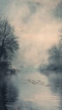 Fototapeta Przestrzenne - A dense fog rolling over a tranquil river, shrouding the landscape in an ethereal mist