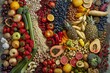 Disposizione artistica di ingredienti freschi come frutta, verdura, noci e semi, a rappresentare la varietà e la vitalità di una dieta sana.