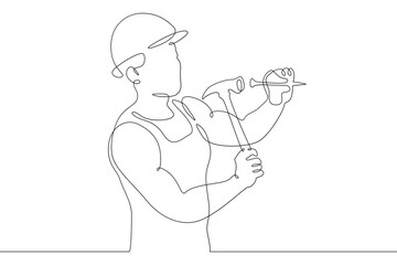 Wall Mural - One continuous line. Construction worker. The builder uses a hammer. Construction works. Building renovation. One continuous line is drawn on a white background.