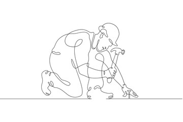 Wall Mural - One continuous line. Construction worker. The builder uses a hammer. Construction works. Building renovation. One continuous line is drawn on a white background.