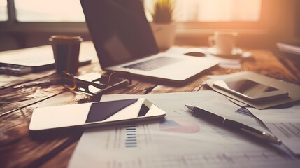 Laptop, mobile phone, tablet and documents on a working table in creative office. Successful teamwork and business startup concept. Toned image