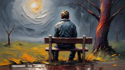 Silhouette of depressed man. Silhouette depressed man behaving sadly. Sad man suffering depression insomnia awake and sit alone on the bed in bedroom. AI generated image, ai..
