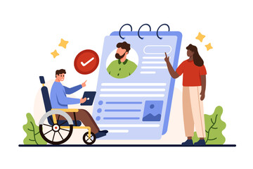 Wall Mural - Assistance in job search for person with disability from employment agency. Tiny talent man in wheelchair with approved resume and interview, support of woman in hiring cartoon vector illustration