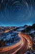 Long exposure shot of a road with star trail streaking across the night sky