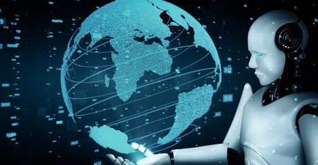 XAI 3d illustration Futuristic robot artificial intelligence huminoid AI data analytic technology development and machine learning concept. Global robotic bionic science research for future of human