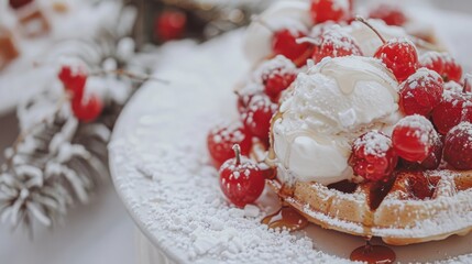 Wall Mural -  a white plate topped with waffles covered in powdered sugar and raspberries and topped with whipped cream.