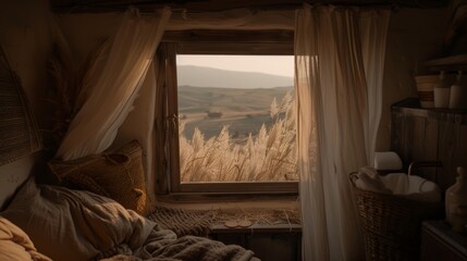 Sticker -  a bedroom with a view of a field outside of the window and a bed with a blanket on top of it.