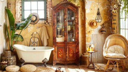 Sticker -  a bathroom with a white bath tub sitting next to a wooden cabinet and a potted plant in the corner of the room.