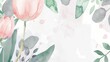  a watercolor painting of pink tulips and green leaves on a white background with a place for text.
