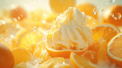 Wall Mural - Citrus ice cream with flying fruit slices ingredients, dessert food background