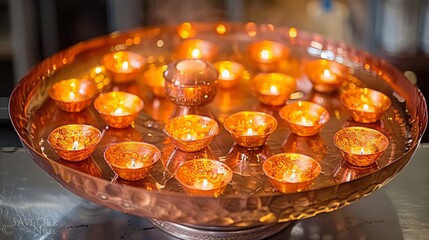 Canvas Print -  a platter filled with lots of lit candles on top of a metal counter top next to a bottle of wine.